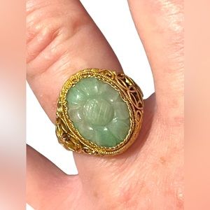 Chinese Antique Art Deco  Apple Green Jadeite Jade Filigree Ring Silver gold